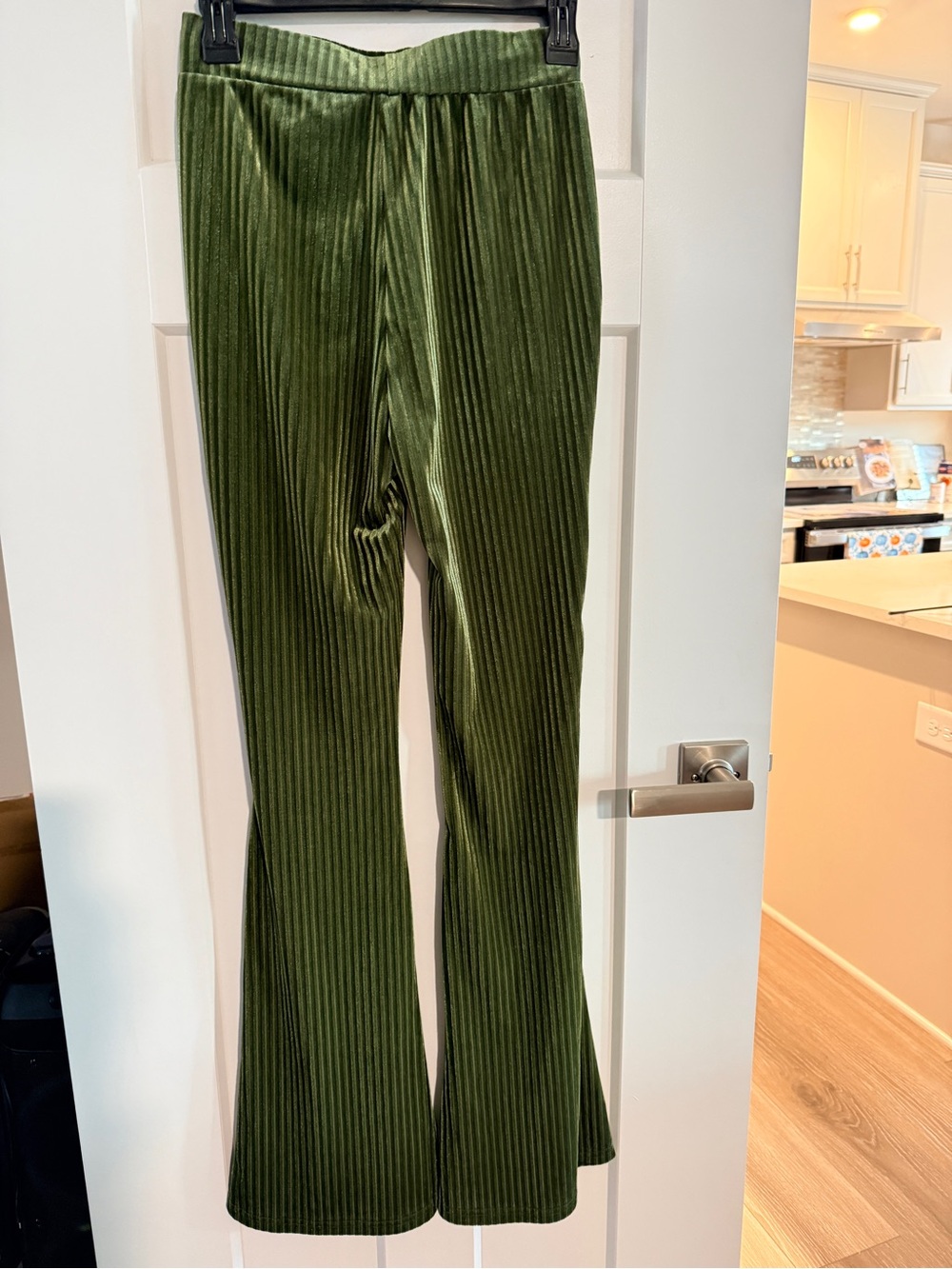 Olive Green Velour Flare bell bottoms Pants - Picture 3 of 4